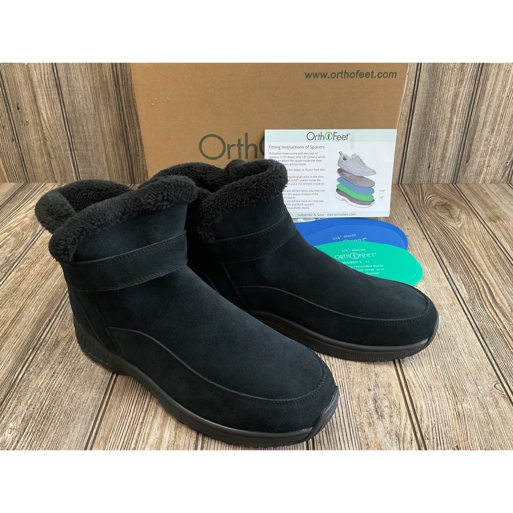 NEW Orthofeet Bliss Black Suede Faux Fur Winter Boots Hands Free Womens 11D WIDE